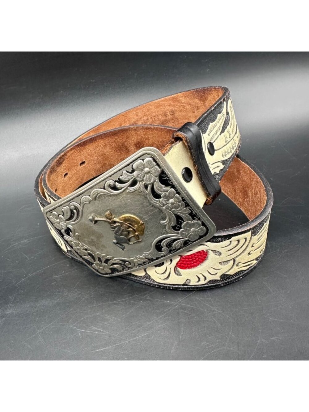 Vintage Tooled Leather Belt Western Black Red Floral Bronc Bucking Horse Buckle